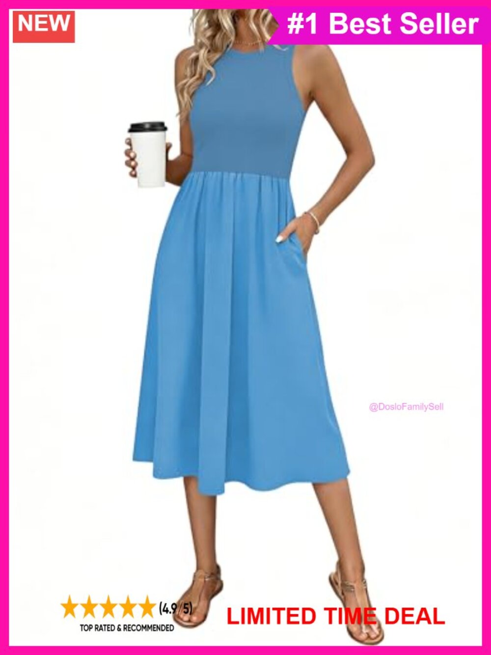 Sleeveless Racerback Midi Tank Dress with Pockets Ribbed Knit Casual Sundress